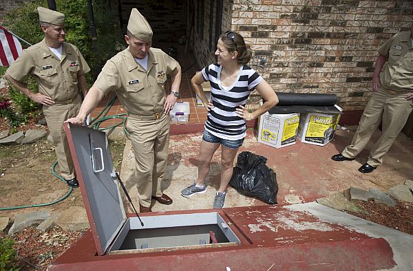 A tornado shelter is shown. 